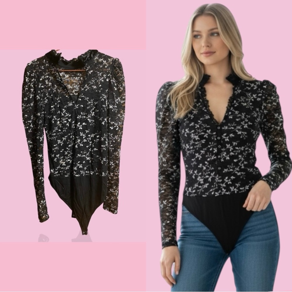 Floral Lace Long Sleeve Bodysuit - Black